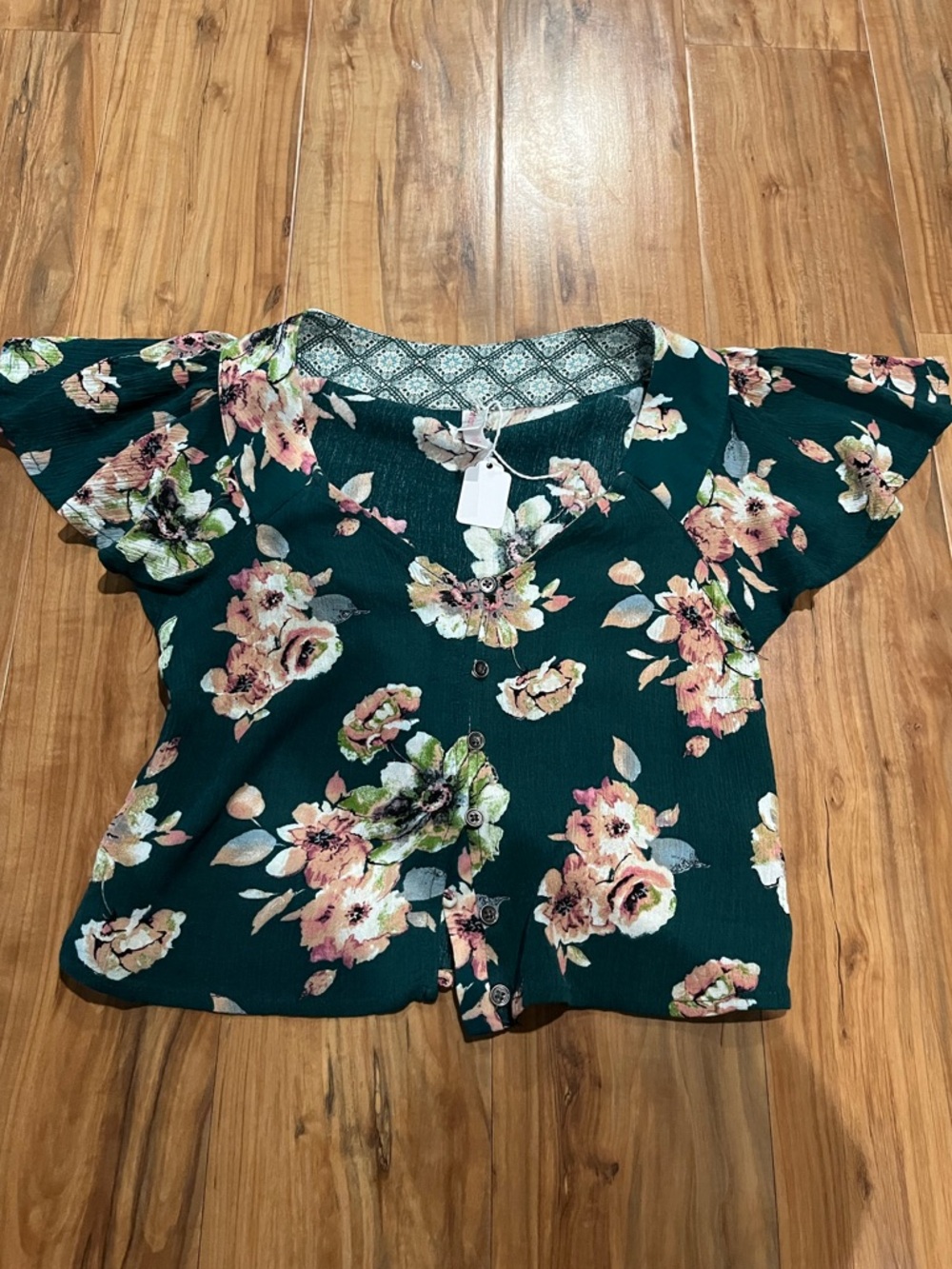 Xhilaration Teal Floral Flutter Sleeve Blouse